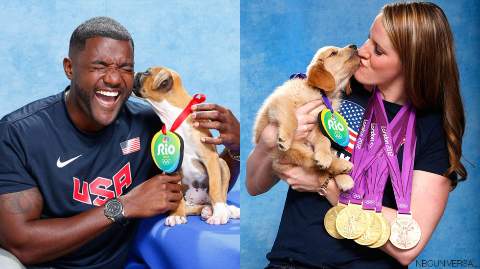 Justin Gatlin and Missy Franklin poses with puppies! Copyright NBCUniversal