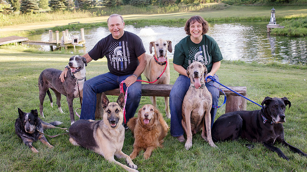 Elizabeth and Rick Cornell with their 7 dogs