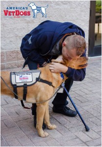a veteran hugging his yellow Labrador/Golden Retriever service dog after they have completed a new task together. (Photo credit: America's Vet Dogs via Facebook)