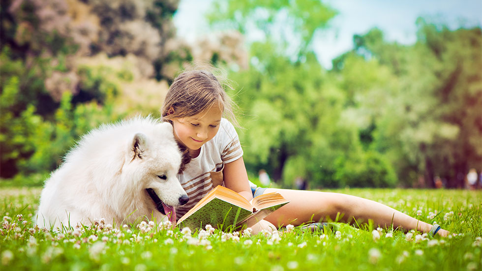 Girl and Samoyed dog reading outdoors on a beautiful day